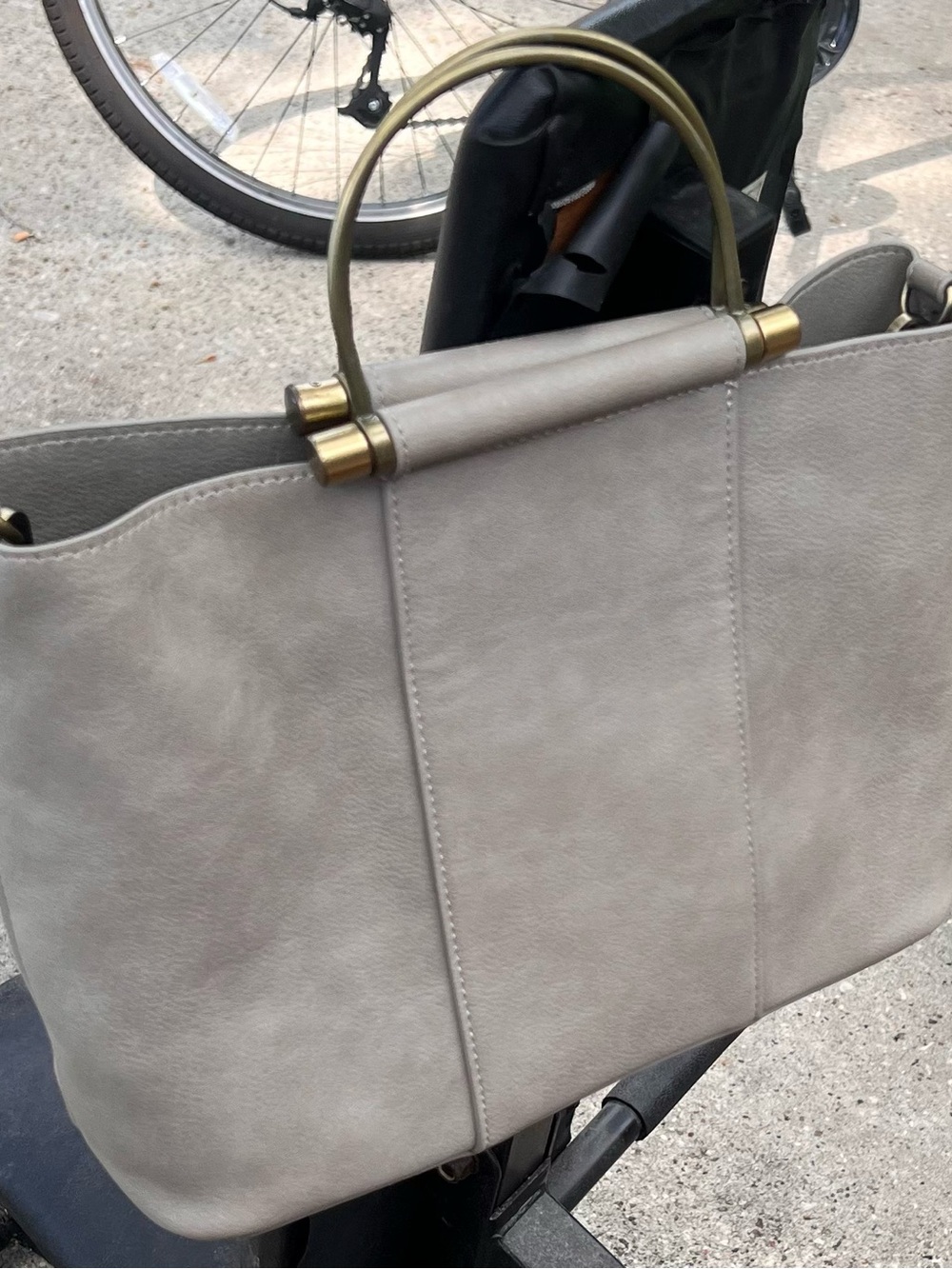 Gray Tote Bag with Brass Ring Handles - Women's Handbag